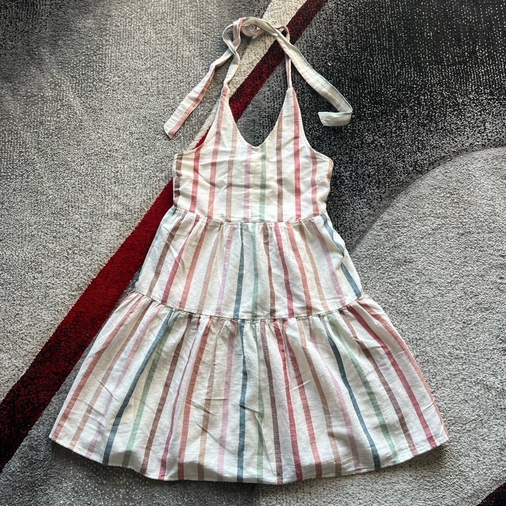 American Eagle Outfitters Striped Linen Halter Mini Dress
